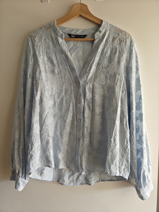 Zara Tops - Zara Pale Blue Textured Button-Front Blouse Floral